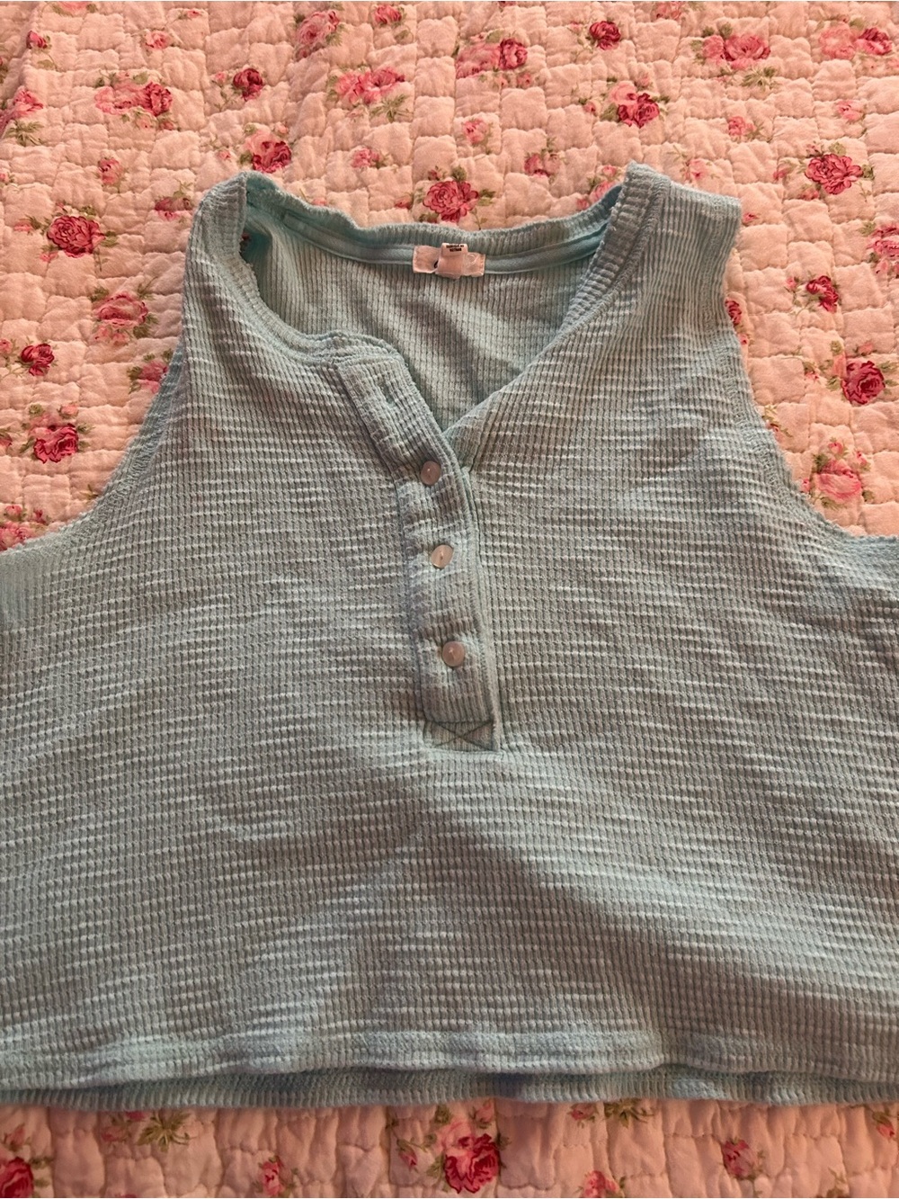 aerie Light Aqua Waffle Knit Tank with Button Placket